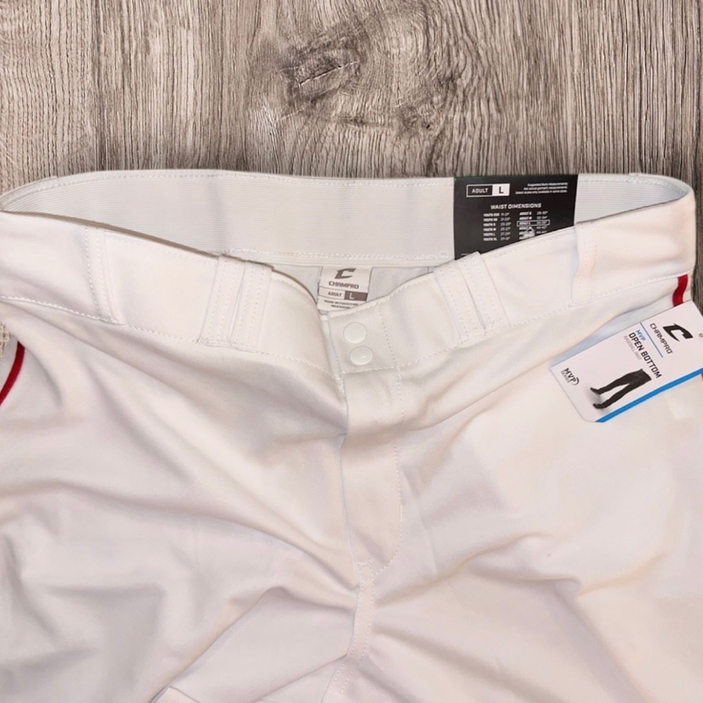 CHAMPRO MVP Open Bottom Baseball Pants White Red Braid ~ Size L ~ NWT - Picture 3 of 5